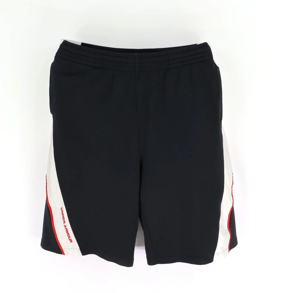 Under Armour Athletic Shorts Boys YXL Black White Stripe 100% Polyester Pockets